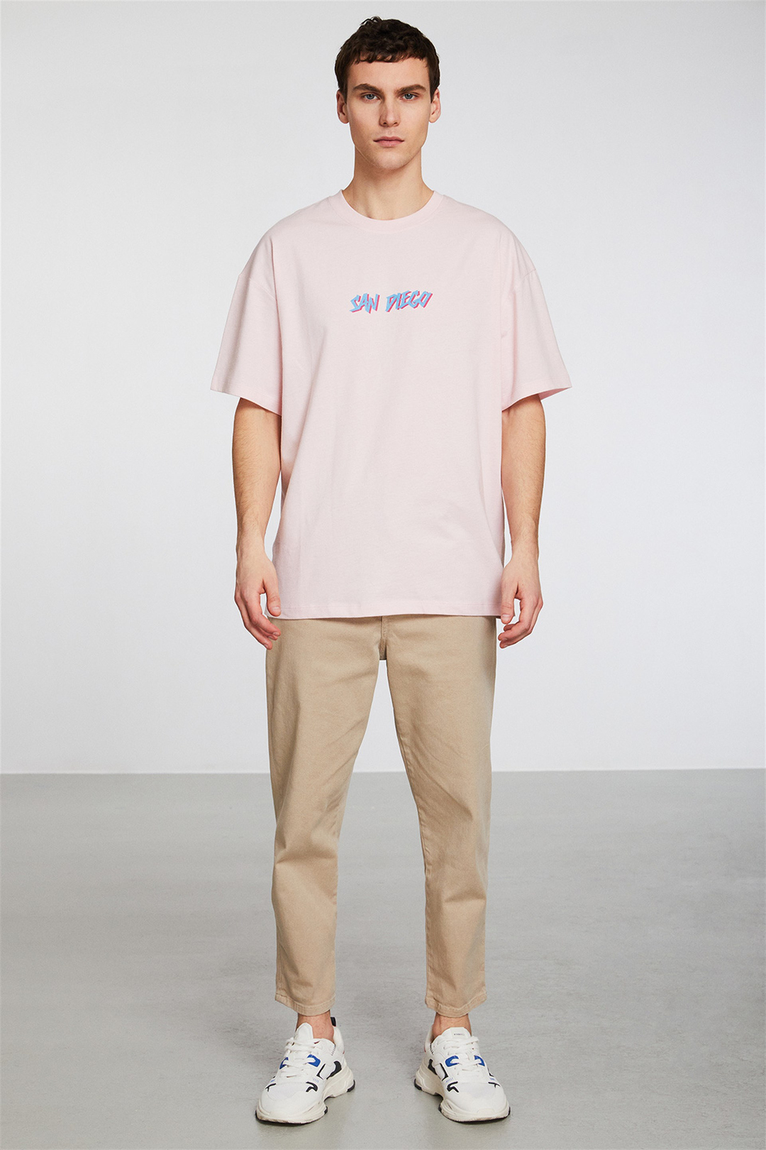 SAN DIAGO Erkek Pembe Baskılı Yuvarlak Yaka Oversıze T-Shirt