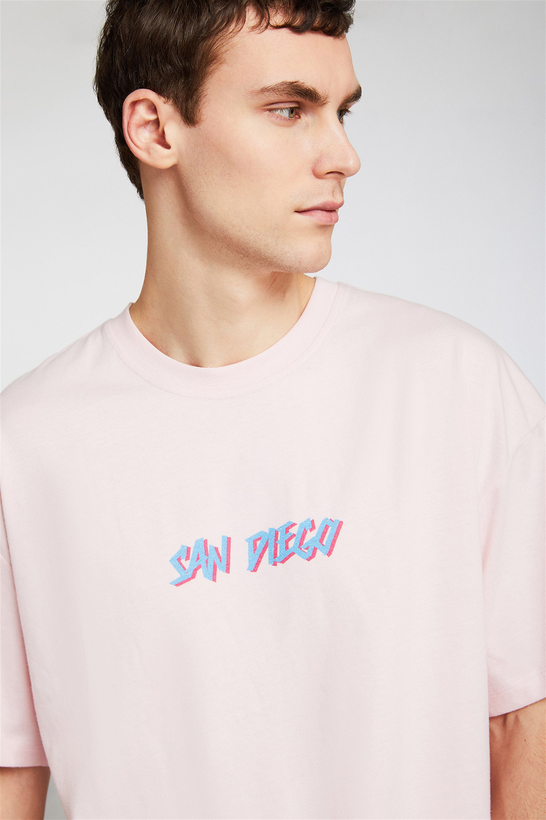 SAN DIAGO Erkek Pembe Baskılı Yuvarlak Yaka Oversıze T-Shirt