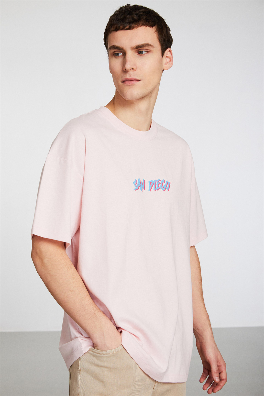 SAN DIAGO Erkek Pembe Baskılı Yuvarlak Yaka Oversıze T-Shirt