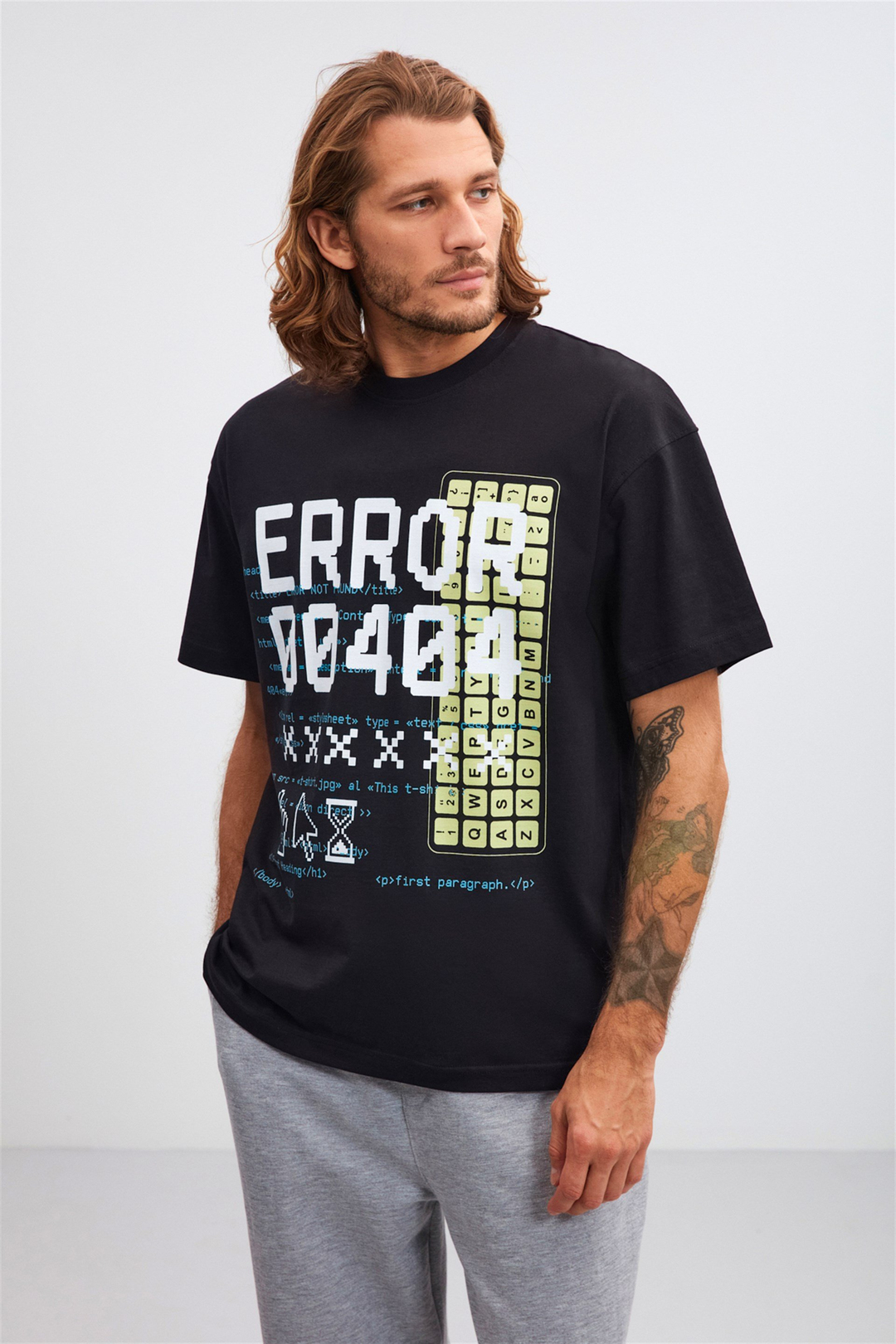 SANDWA Siyah Erkek Önü Baskılı   Kısa Kollu   Oversize T-Shirt