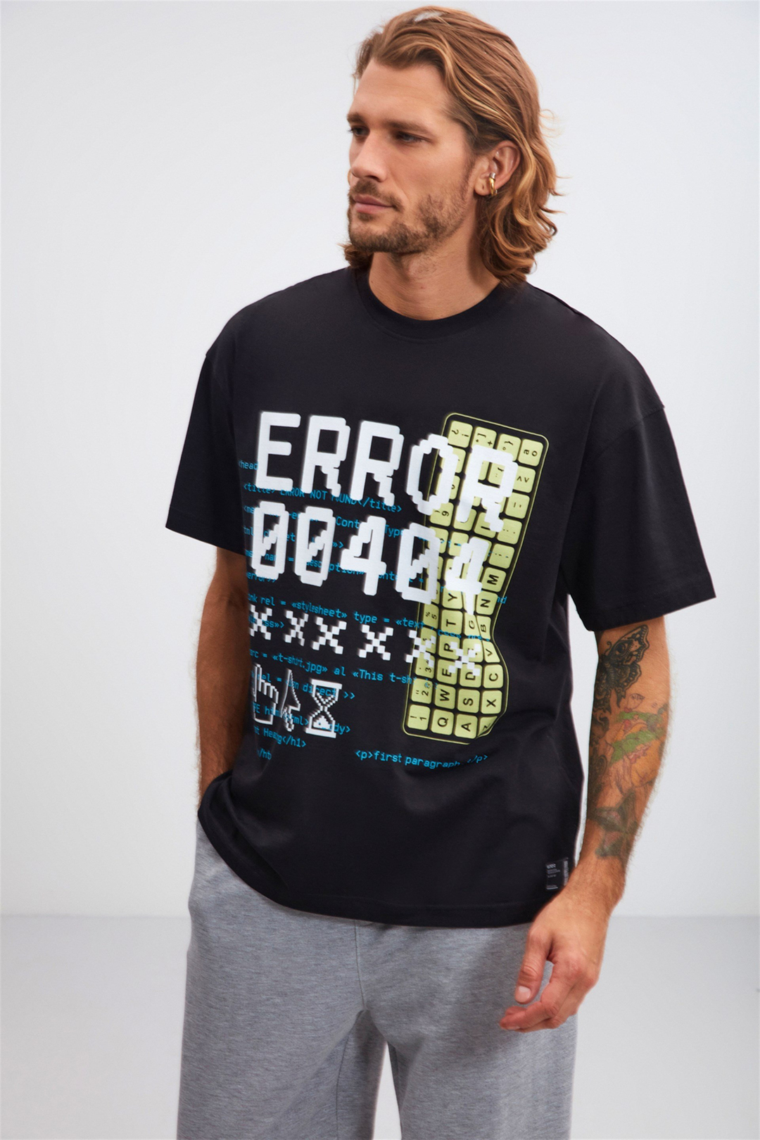 SANDWA Siyah Erkek Önü Baskılı   Kısa Kollu   Oversize T-Shirt