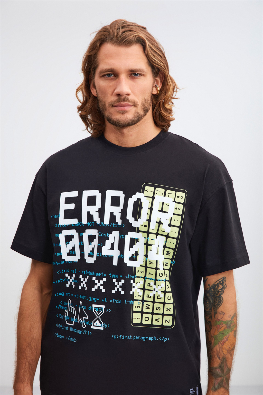 SANDWA Siyah Erkek Önü Baskılı   Kısa Kollu   Oversize T-Shirt