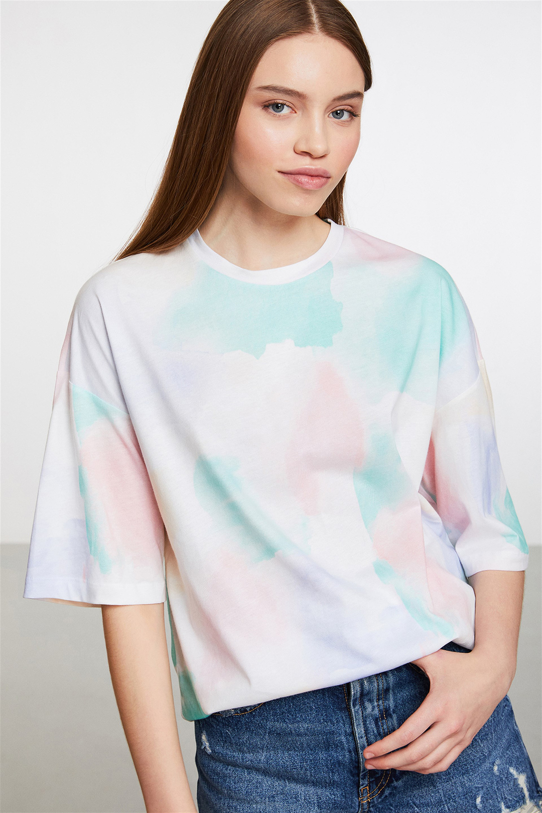 SARDINIA Kadın Beyaz Baskılı Yuvarlak Yaka Oversize T-Shirt