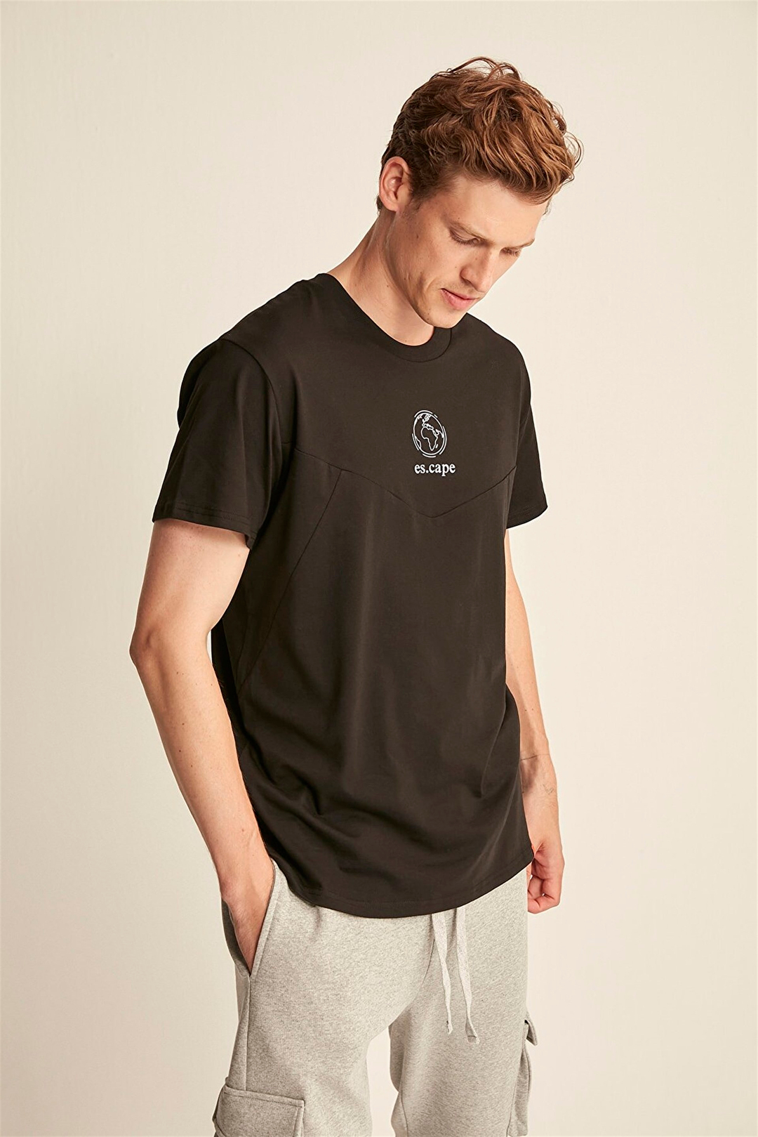 SEAN Erkek Siyah Baskılı Yuvarlak Yaka Oversıze T-Shirt