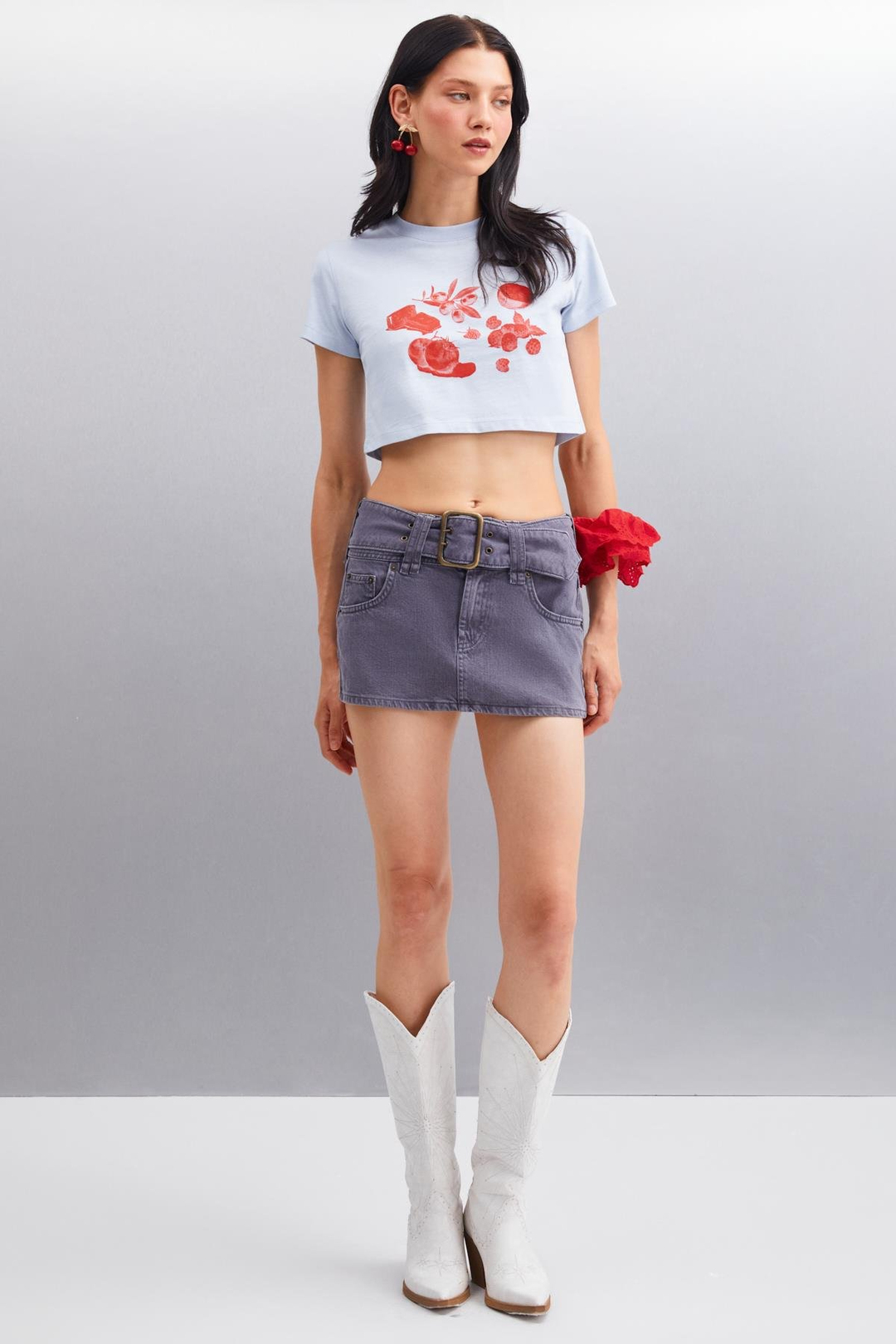 SERENE Basic Crop Mavi Tekli T-Shirt
