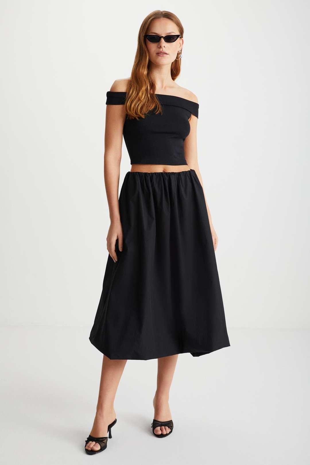 SHANN  Crop Fit Siyah Tekli Bluz