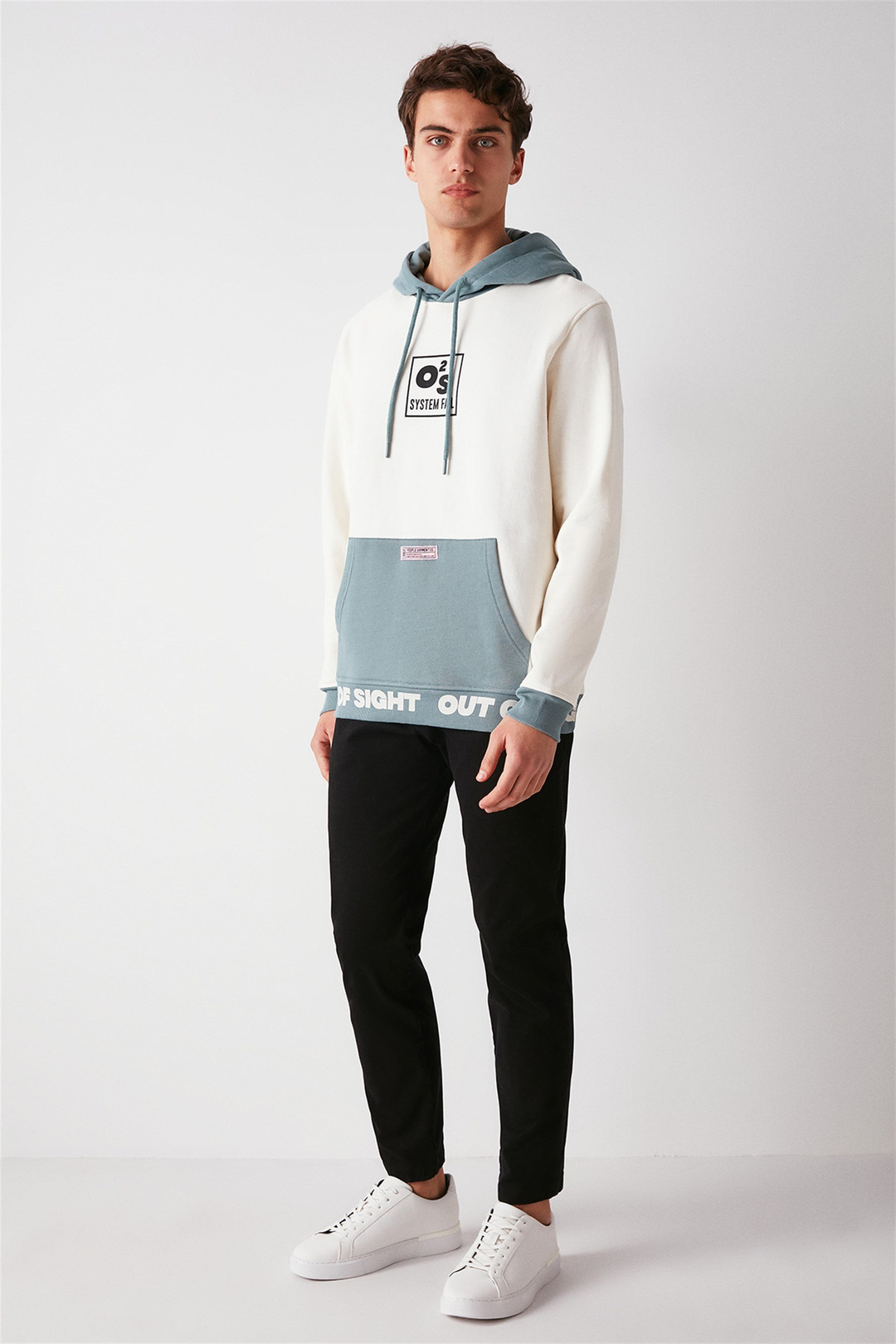 SIGHT Erkek Ekru Renk Bloklu Kapüşonlu Comfort Fit Sweatshirt