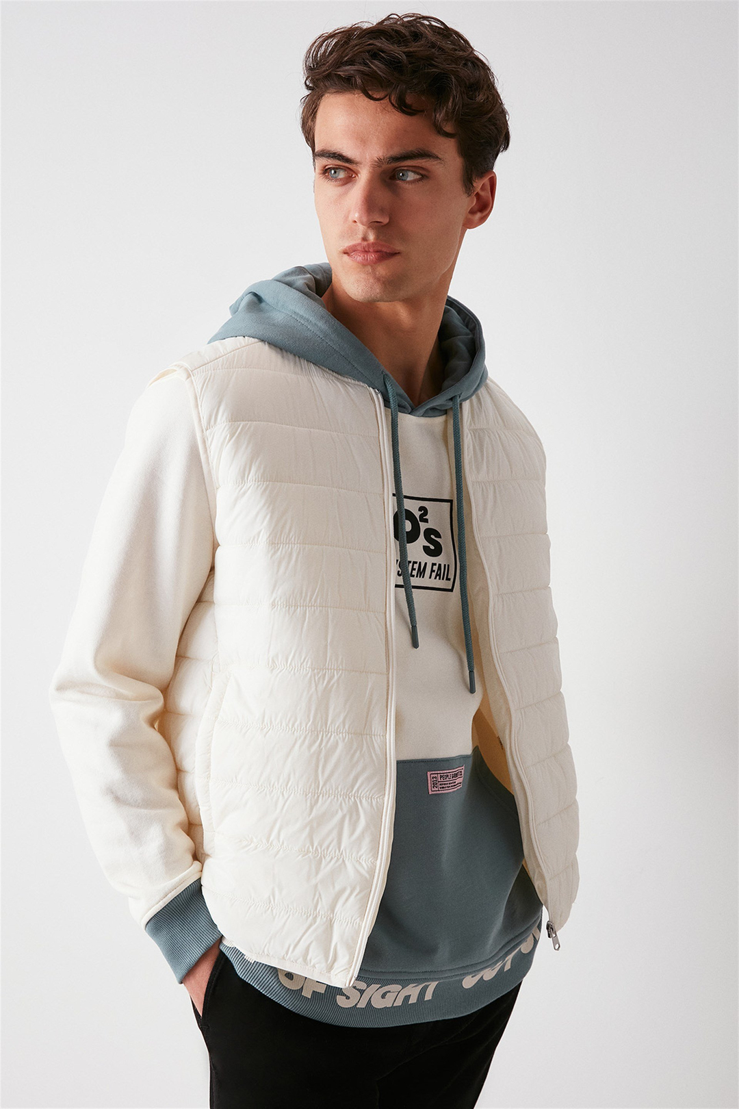 SIGHT Erkek Ekru Renk Bloklu Kapüşonlu Comfort Fit Sweatshirt