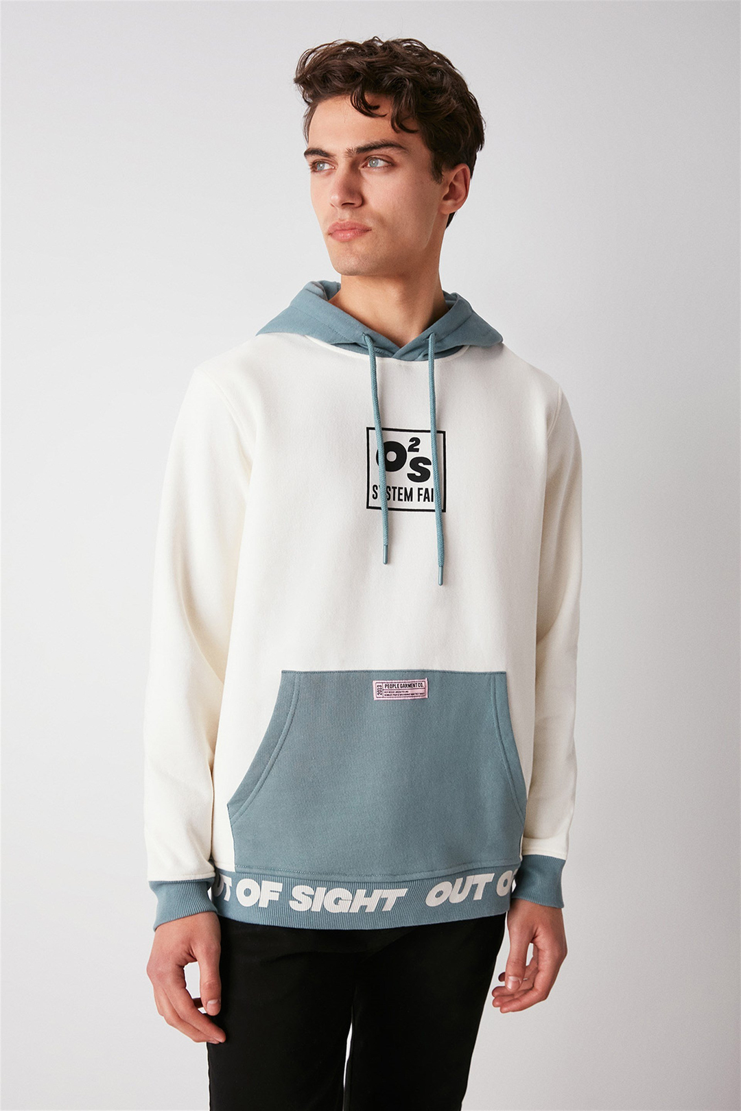 SIGHT Erkek Ekru Renk Bloklu Kapüşonlu Comfort Fit Sweatshirt