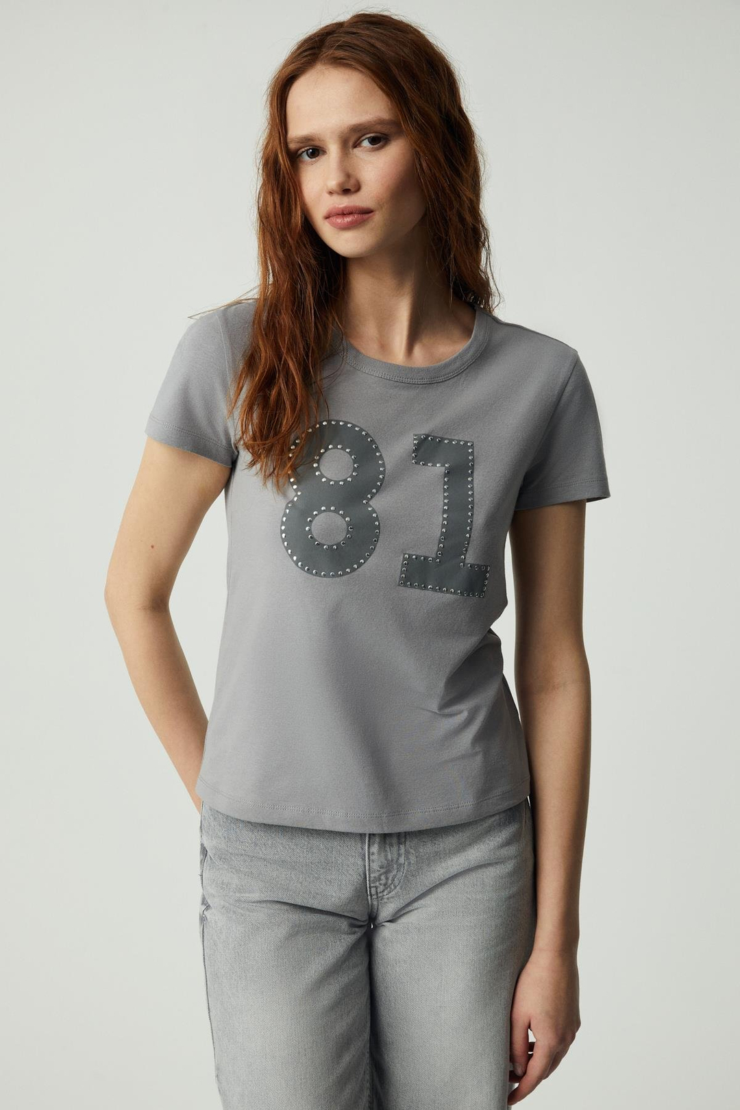 SINCE Kadın Regular Baskılı Taşlı Yuvarlak Yaka Açık Gri T-Shirt