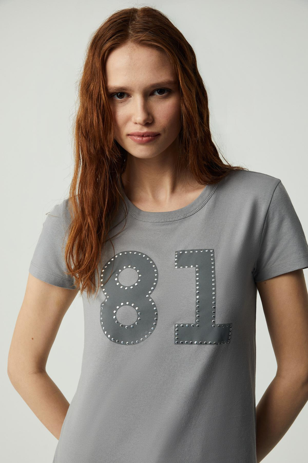 SINCE Kadın Regular Baskılı Taşlı Yuvarlak Yaka Açık Gri T-Shirt