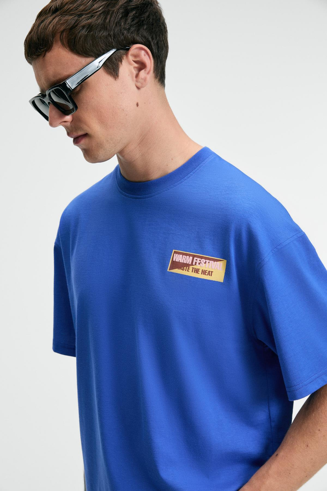 SNACK Erkek Oversize Fit %100 Pamuk Baskılı Yuvarlak Yaka Saks Mavi T-Shirt