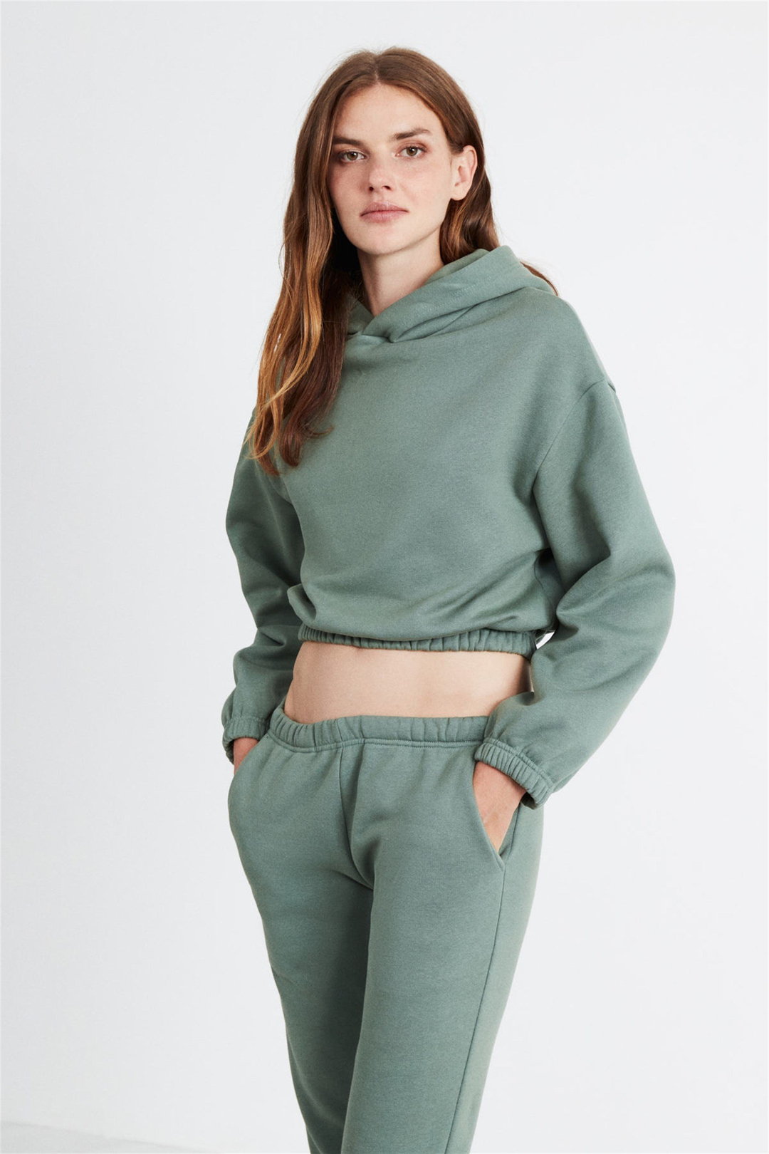 SOFIA Kadın Yeşil Düz Renk Kapüşonlu Comfort Fit Eşofman Takımı