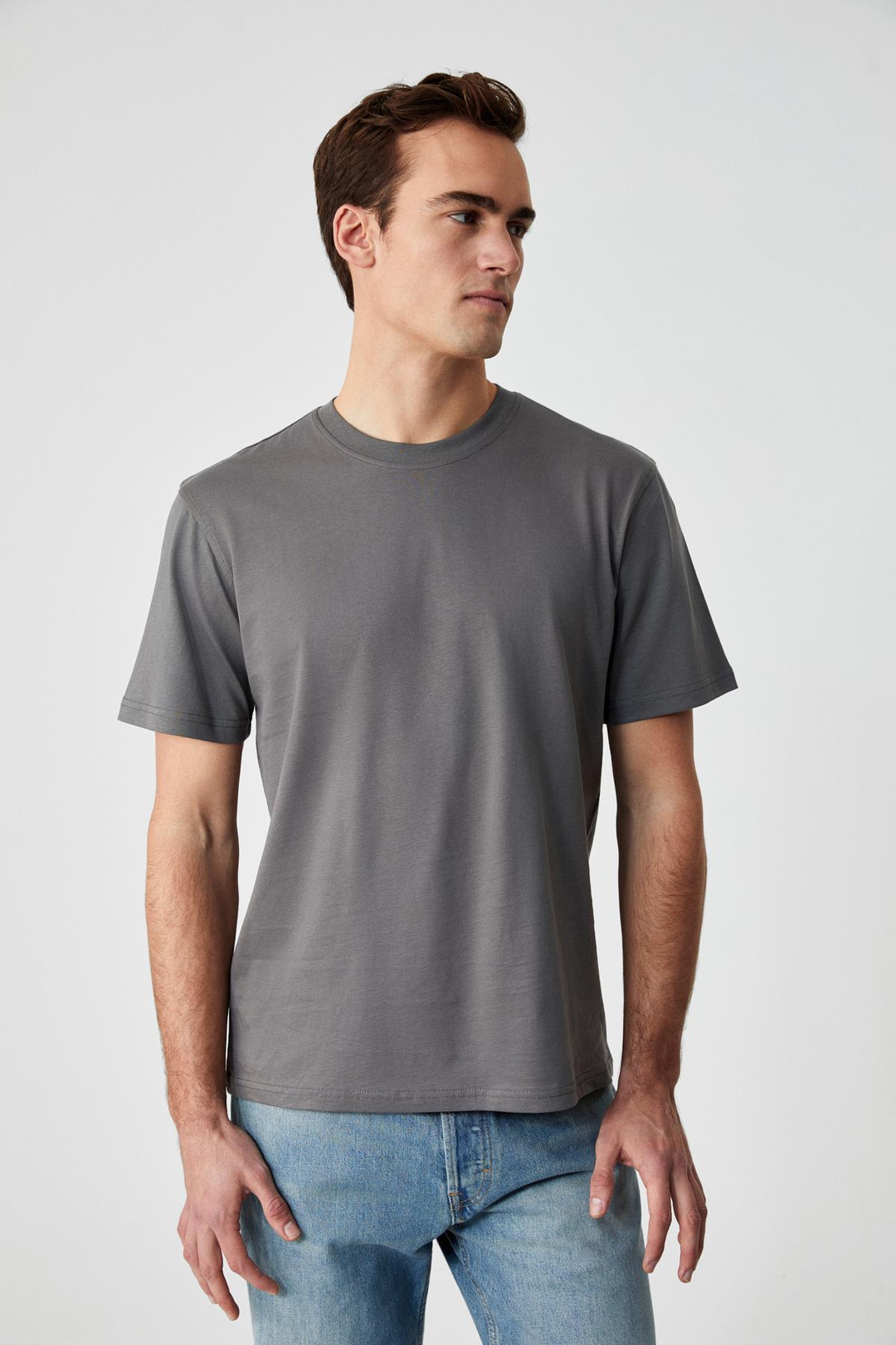 Solo Erkek %100 Organik Pamuklu Kalın Dokulu Comfort Fit Bisiklet Yakalı Gri T-Shirt