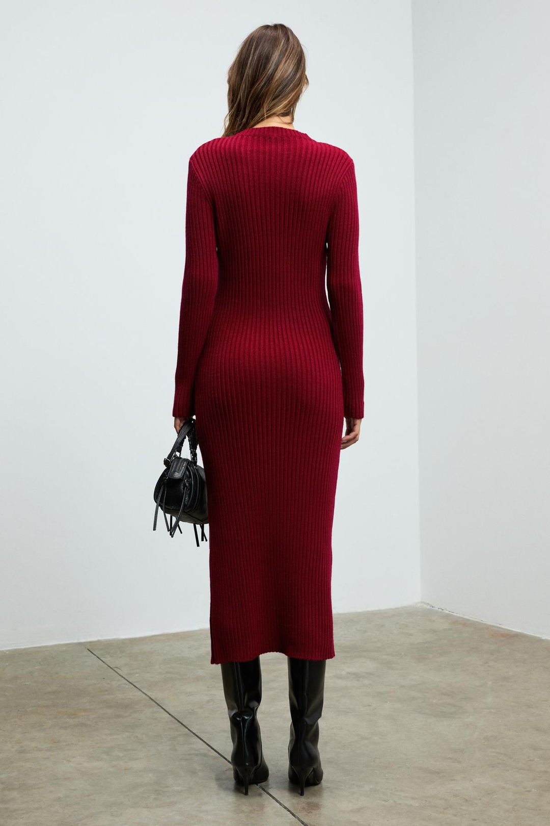 SOREYA Kadın Yuvarlak Yaka Çizgi Desenli Yırtmaçlı Slim Fit Triko Bordo Elbise