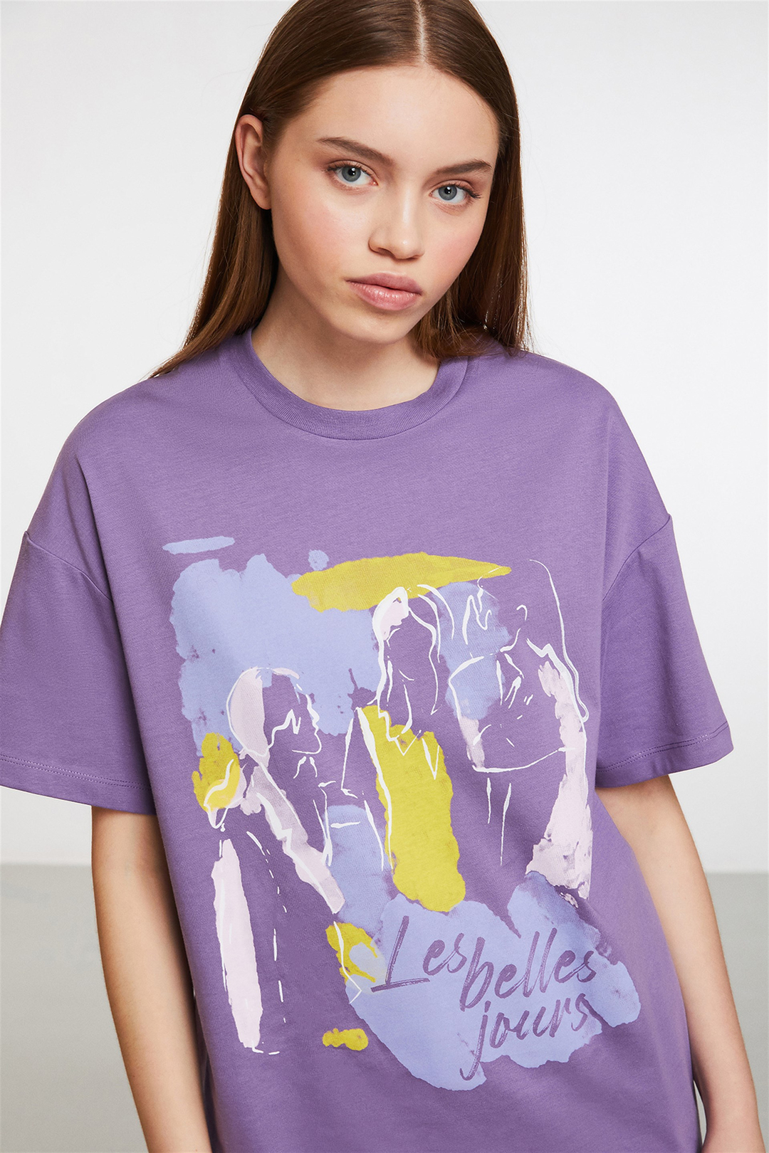 STARFISH Kadın Mor Baskılı Yuvarlak Yaka Oversize T-Shirt