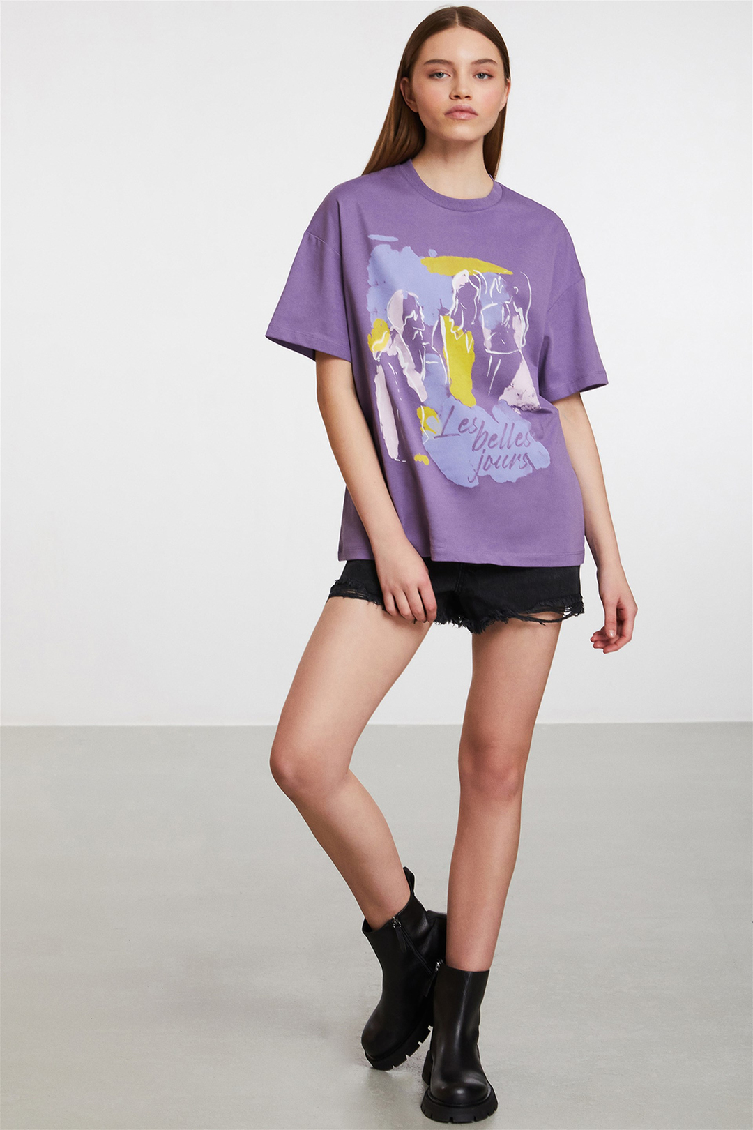 STARFISH Kadın Mor Baskılı Yuvarlak Yaka Oversize T-Shirt