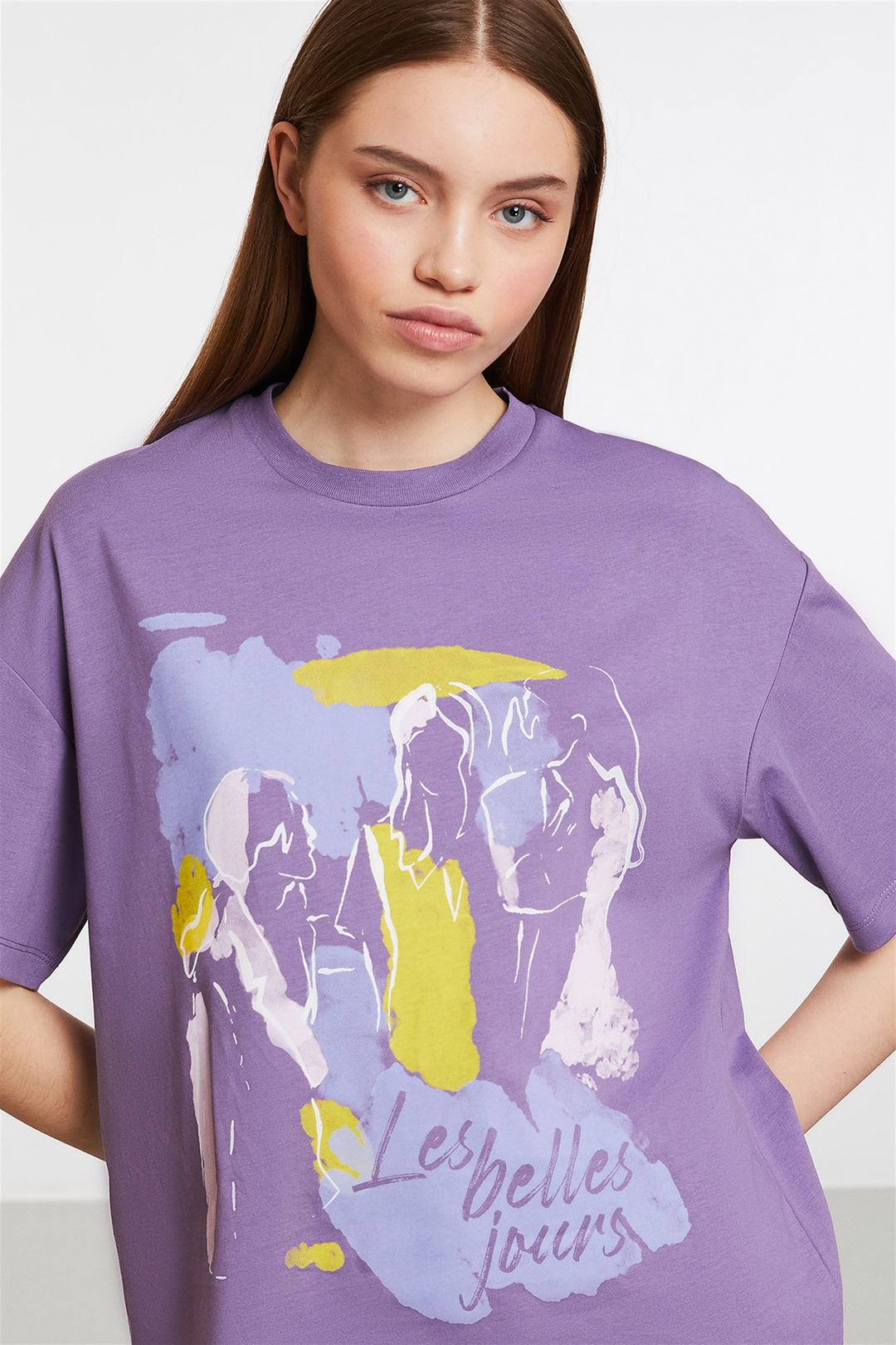 STARFISH Kadın Mor Baskılı Yuvarlak Yaka Oversize T-Shirt