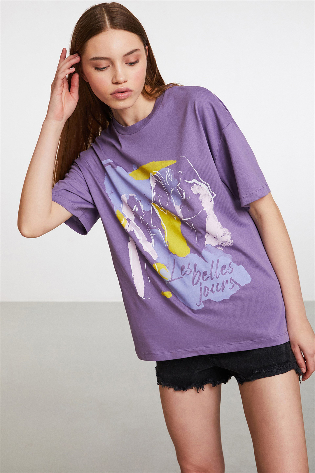 STARFISH Kadın Mor Baskılı Yuvarlak Yaka Oversize T-Shirt