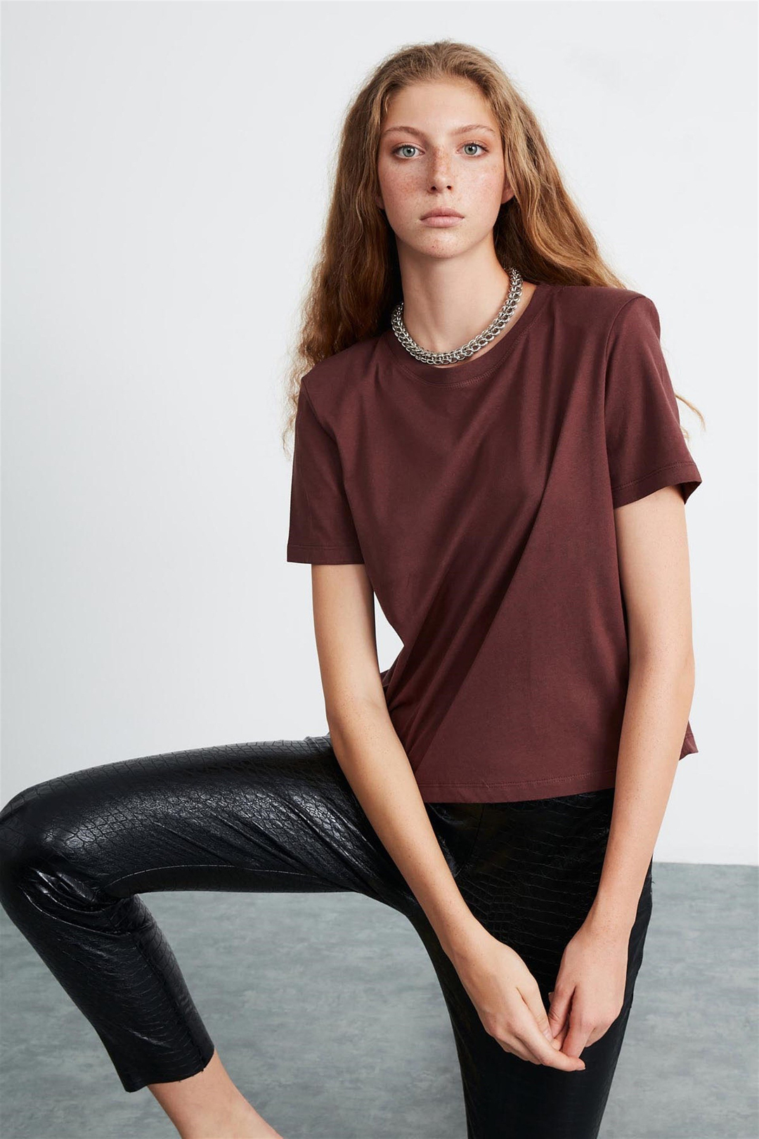 STELLA Kadın Bordo Düz Renk Yuvarlak Yaka Comfort Fit T-Shirt