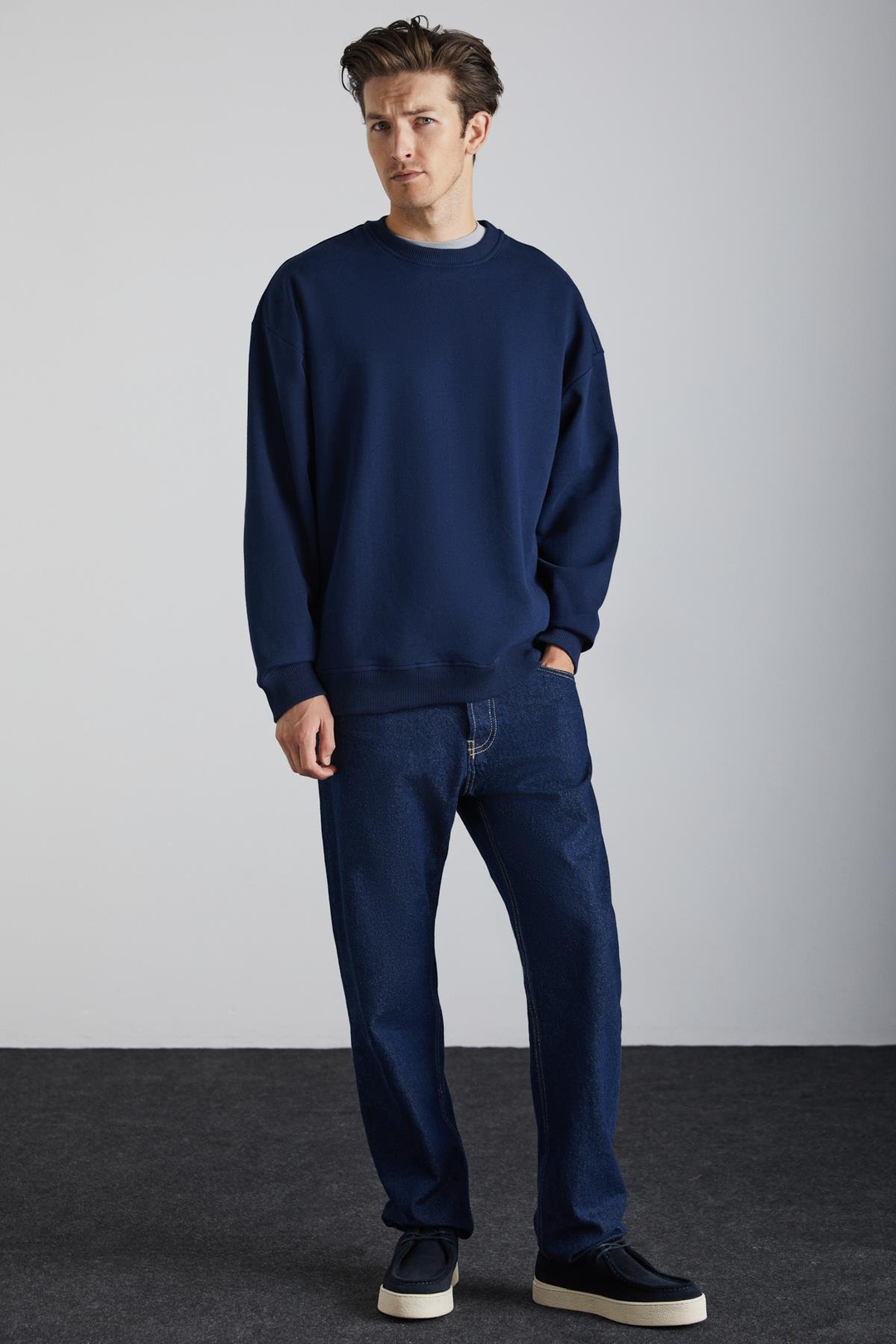 Stephan Erkek Yumuşacık Kumaşlı organik Pamuklu Oversize Fit Yuvarlak Yakalı Lacivert Sweatshirt