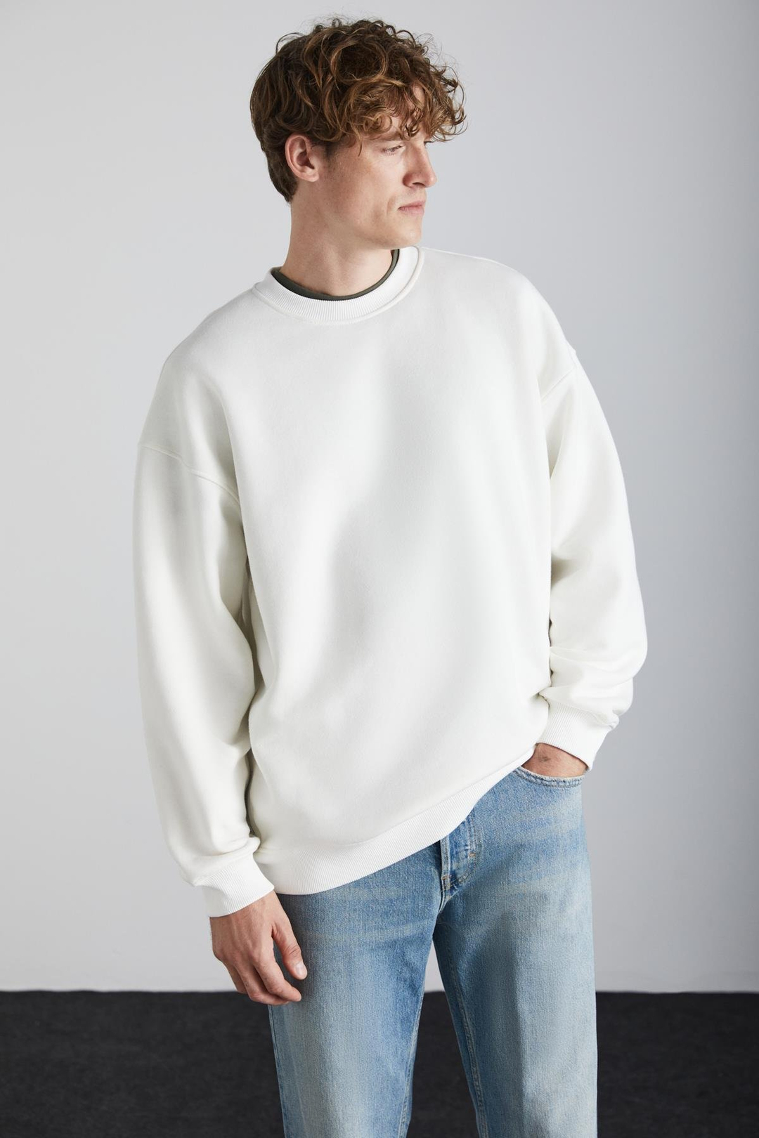 Stephan Erkek Yumuşacık Kumaşlı organik Pamuklu Oversize Fit Yuvarlak Yakalı Ekru Sweatshirt