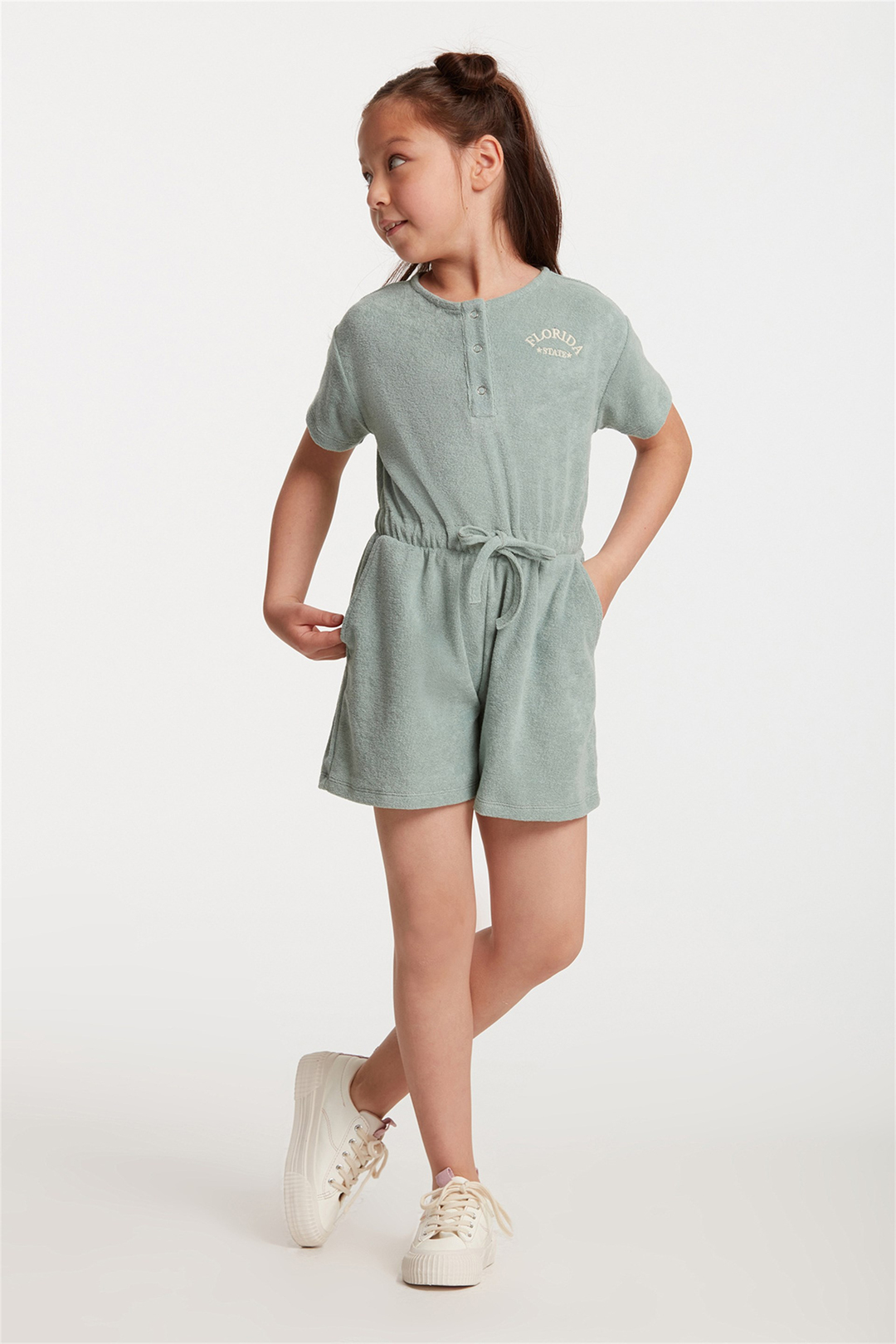 TAFFY Çocuk Mint Yeşili Nakışlı-İşlemeli Yuvarlak Yaka Comfort Fit Tulum