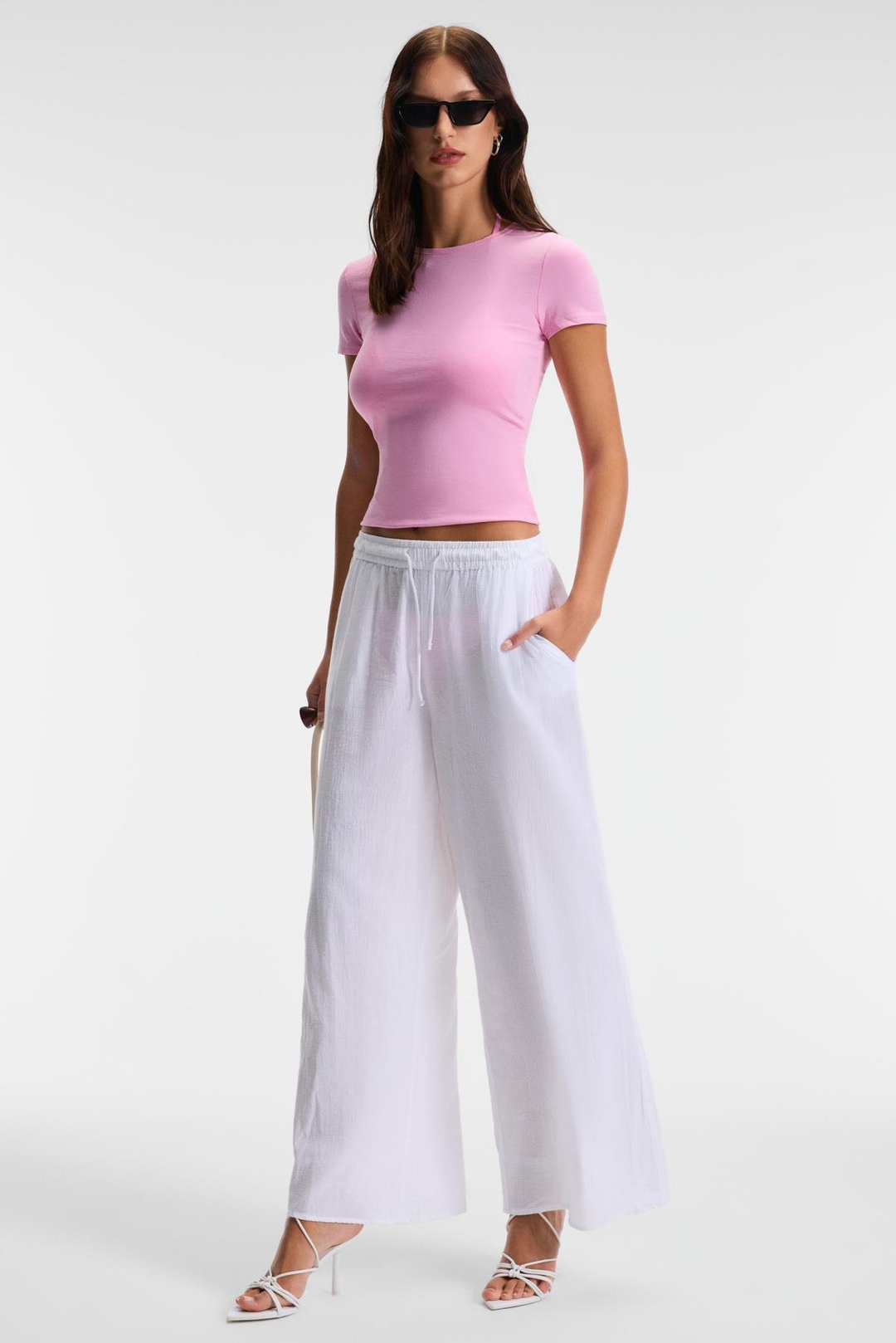 TARELIA Kadın Bisiklet Yaka Kısa Kollu Slim Pembe T-Shirt