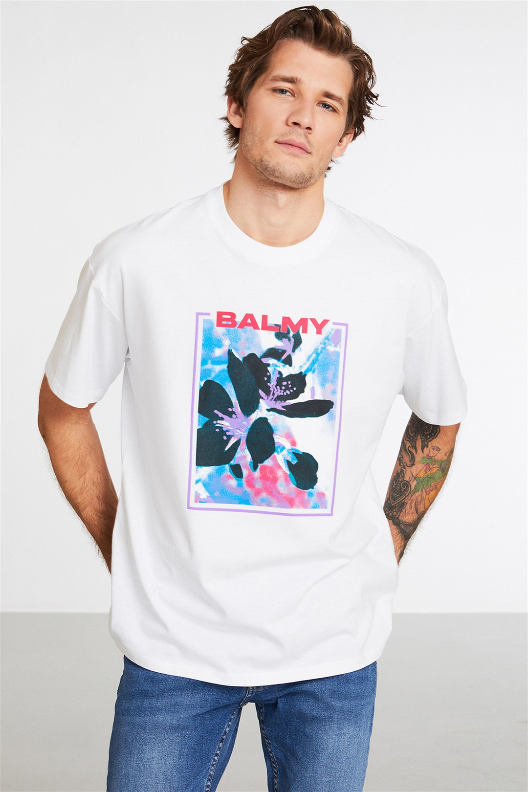 TENDER Erkek Beyaz Baskılı Yuvarlak Yaka Oversize T-Shirt