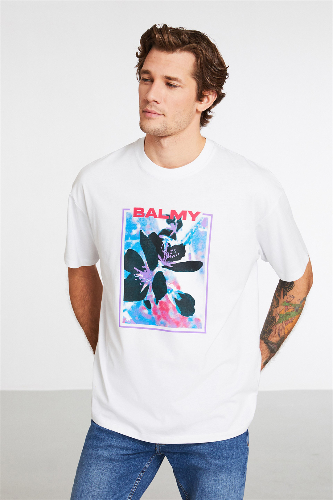 TENDER Erkek Beyaz Baskılı Yuvarlak Yaka Oversize T-Shirt