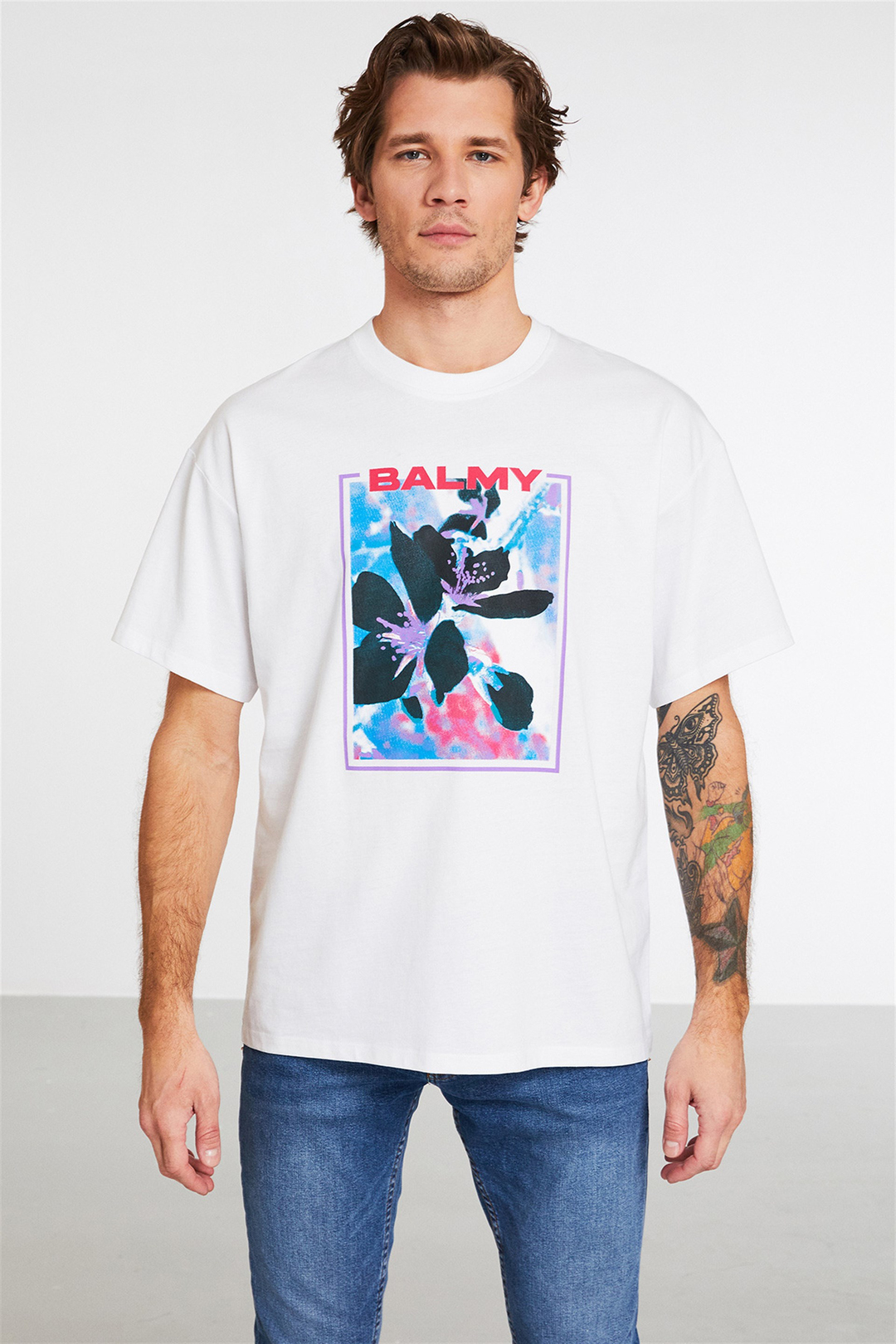 TENDER Erkek Beyaz Baskılı Yuvarlak Yaka Oversize T-Shirt