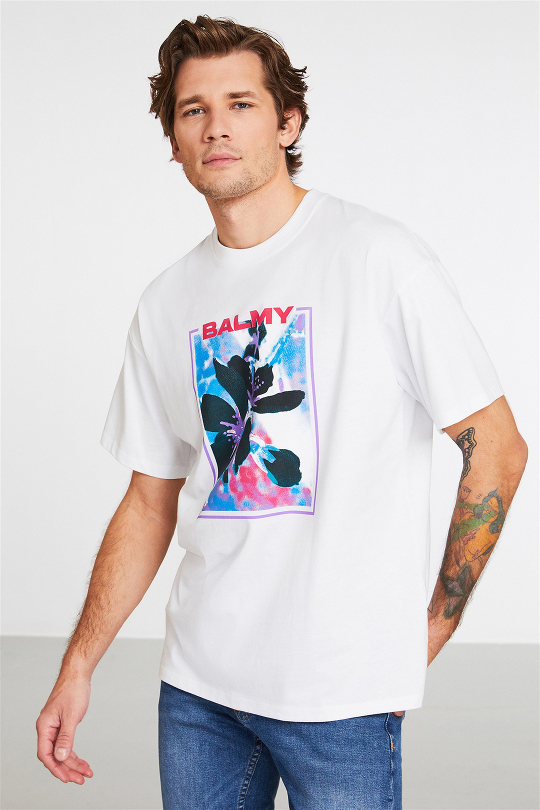 TENDER Erkek Beyaz Baskılı Yuvarlak Yaka Oversize T-Shirt
