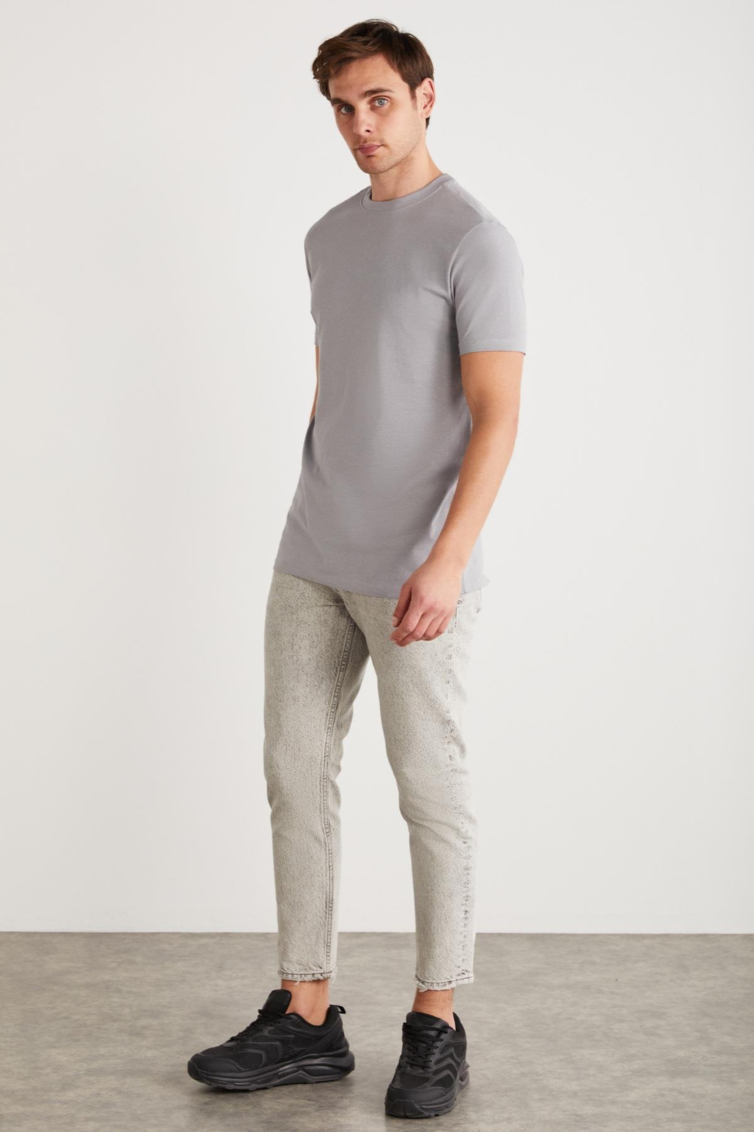TIAGO  Slim Gri Tekli T-Shirt