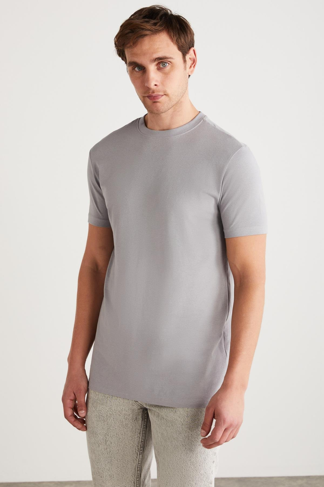 TIAGO  Slim Gri Tekli T-Shirt