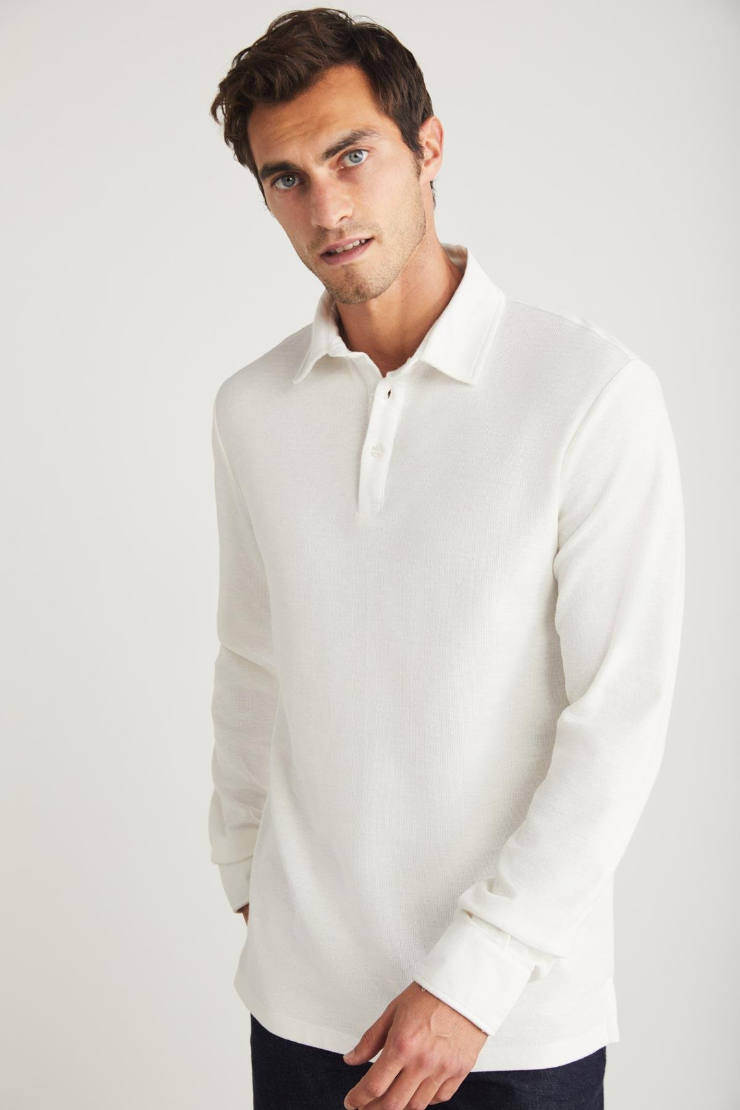 TREMONT Erkek %100 Organik Pamuklu Slim Fit Dokulu Kumaşlı Polo Yaka Uzun Kol Ekru Polo Yaka T-shirt