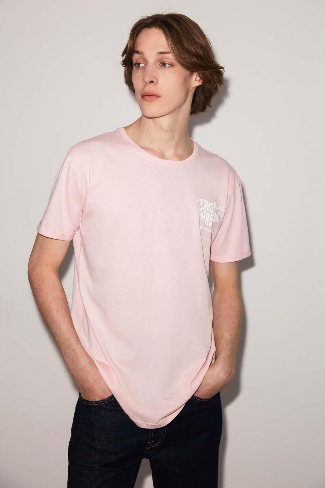 Tropıcal Örme Long Fit Pembe T-Shirt