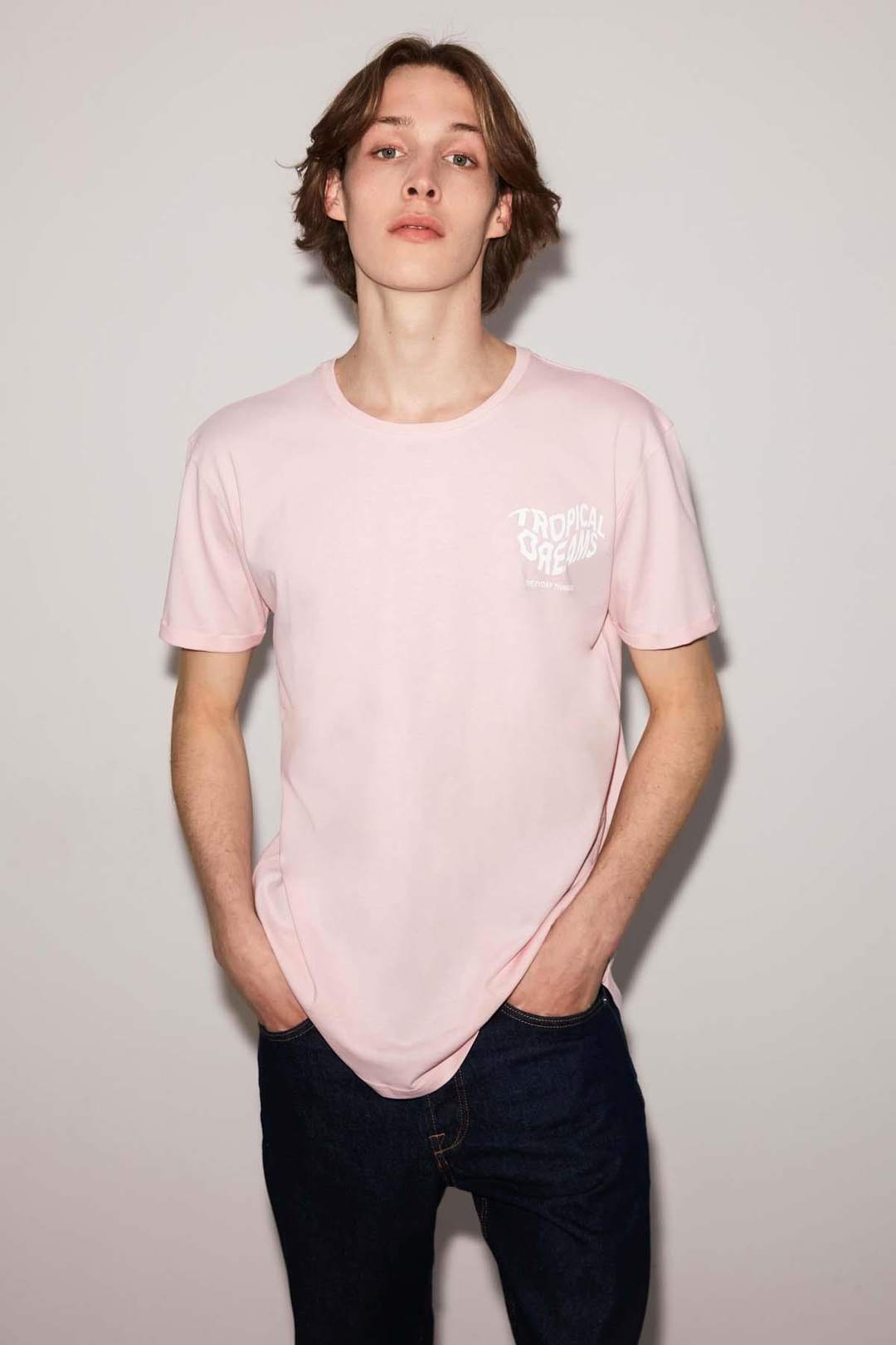 Tropıcal Örme Long Fit Pembe T-Shirt