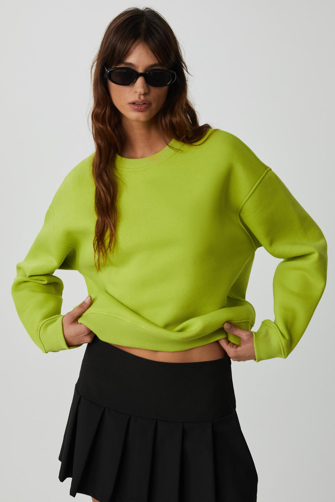 VANELTINA Kadın İçi Polarlı 3 İplik Organik Pamuk Oversize Basic Bisiklet Yaka Fıstık Yeşili Sweatshirt