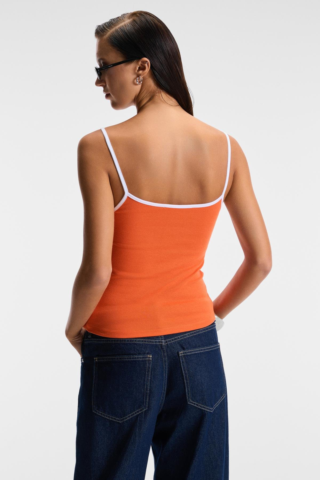 VENSORA Kadın Yumuşak Dokulu Baskılı Esnek Kumaş Kontrast Biyeli Askılı Yaka Turuncu Bluz