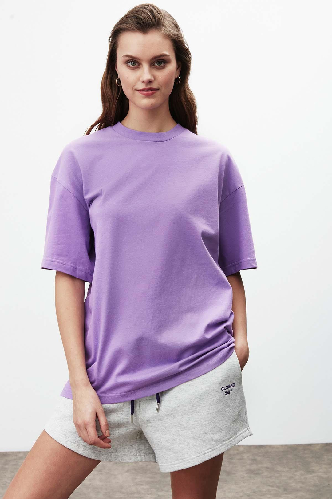 VERA Oversize Yuvarlak Yaka Mor T-Shirt