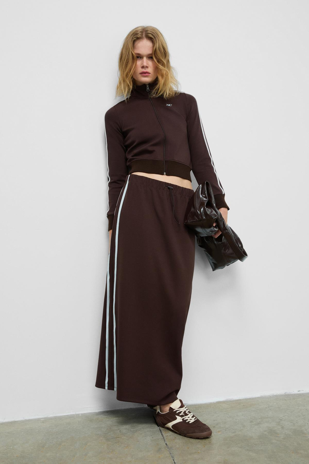 VERALIA Kadın Yanları Kontrast Renk Panelli Regular Fit Kahverengi Etek