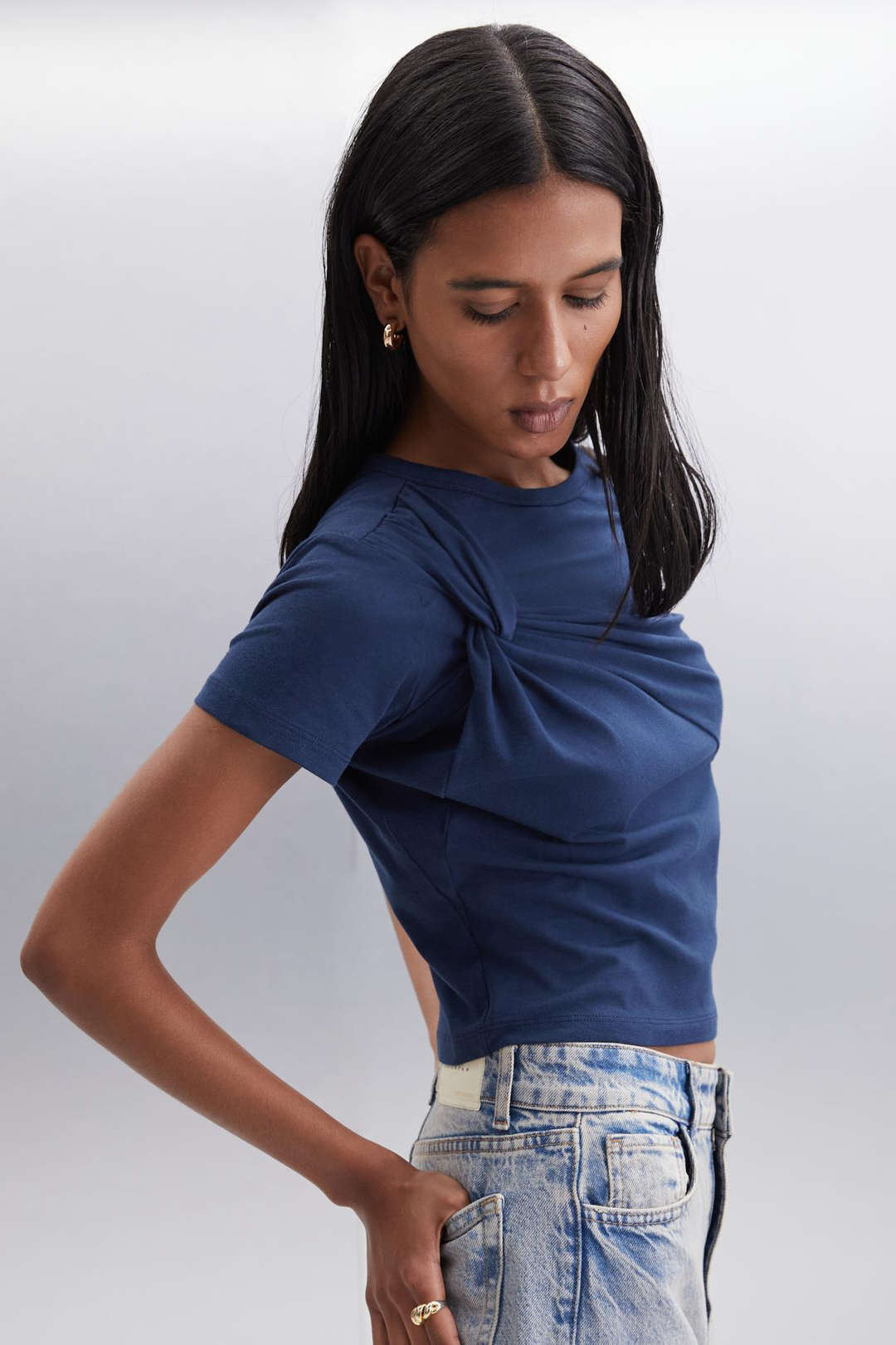 YASMIN Basic Slim Lacivert Tekli Bluz