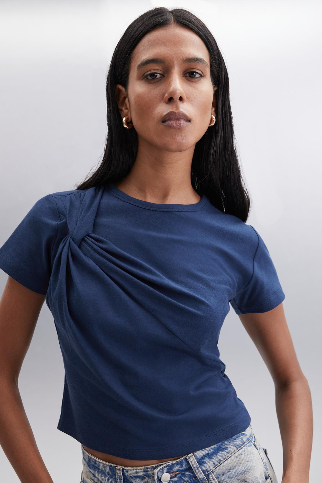 YASMIN Basic Slim Lacivert Tekli Bluz