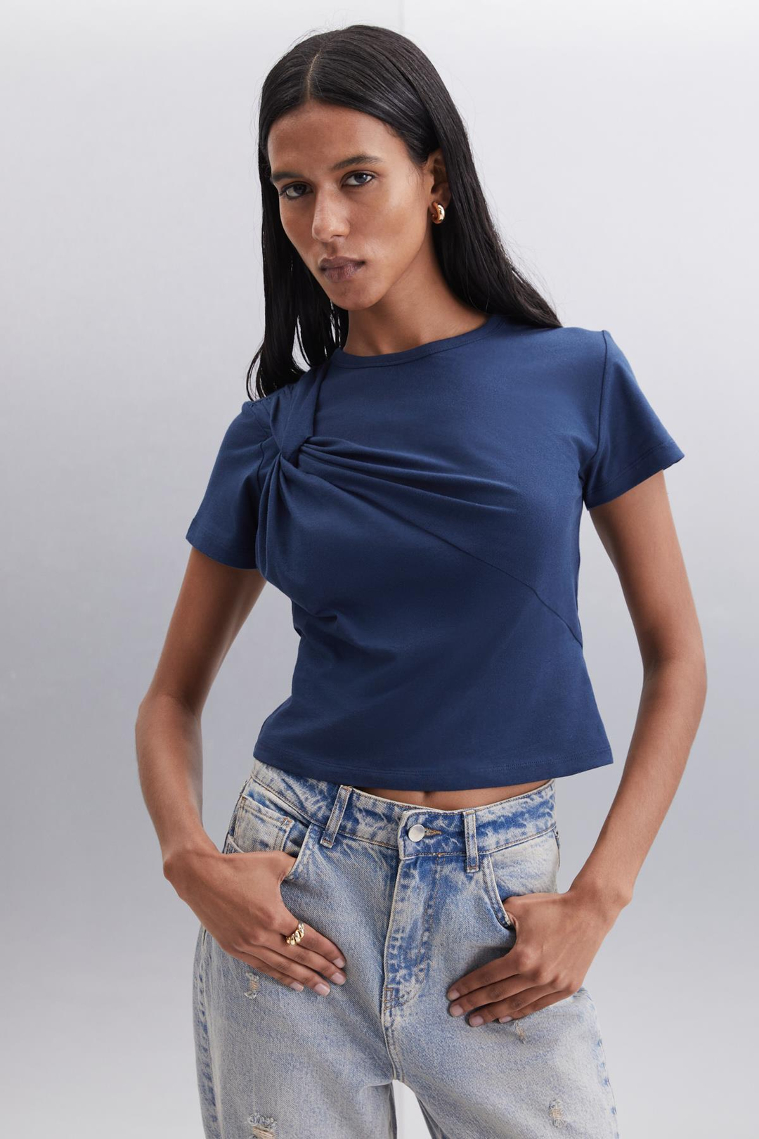 YASMIN Basic Slim Lacivert Tekli Bluz