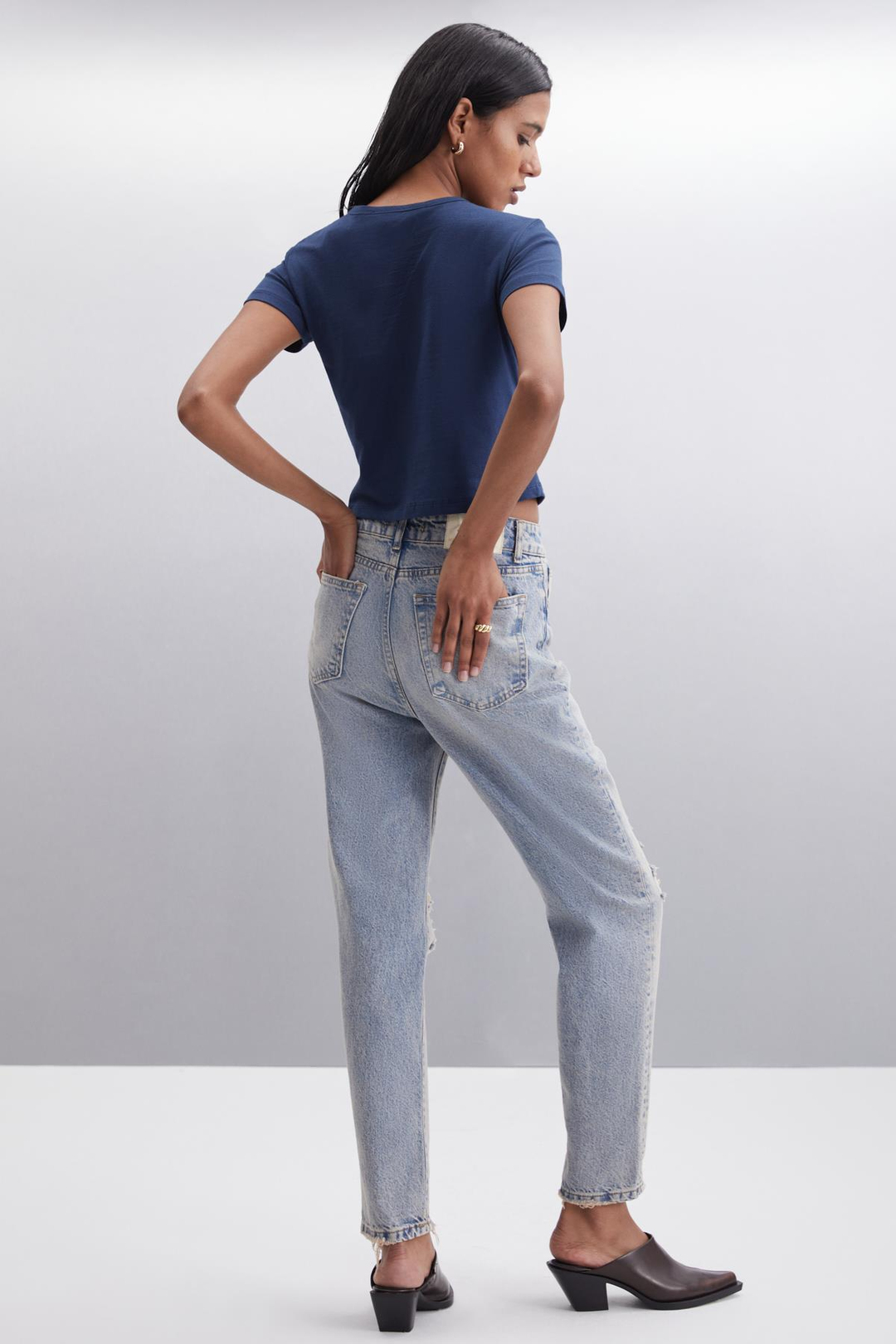 YASMIN Basic Slim Lacivert Tekli Bluz