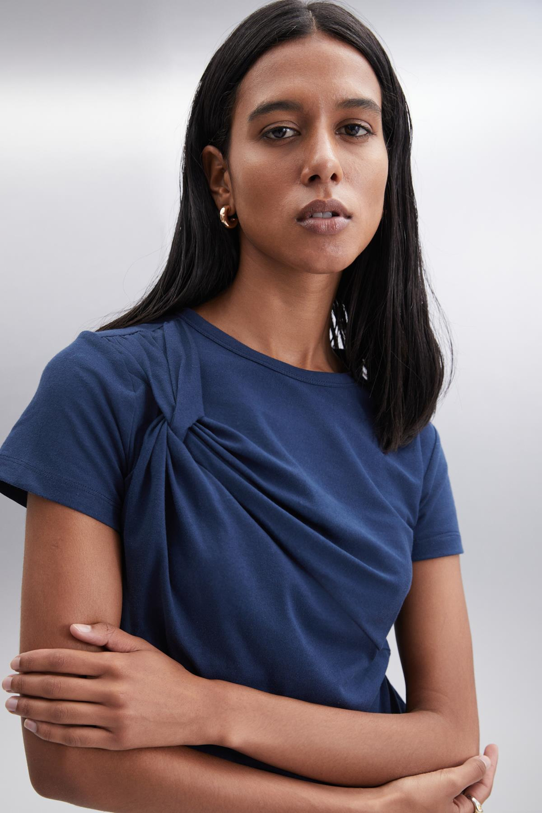 YASMIN Basic Slim Lacivert Tekli Bluz