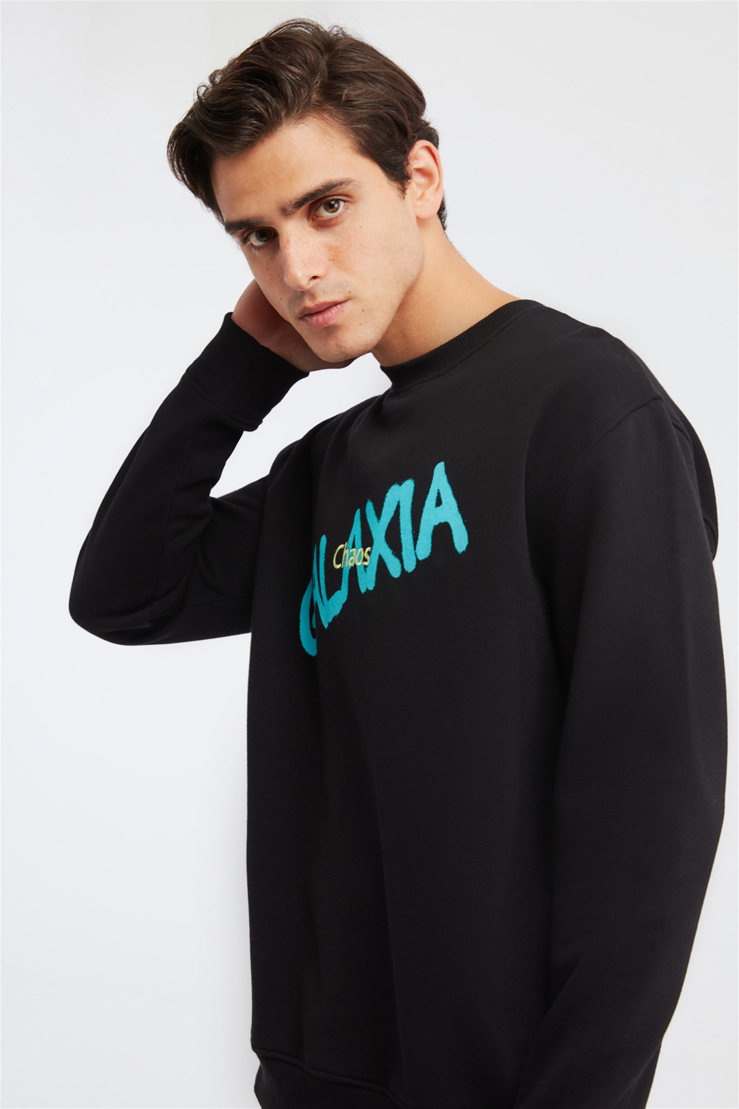 YEET Erkek Siyah Baskılı ve Nakışlı Yuvarlak Yaka Comfort Fit Sweatshirt