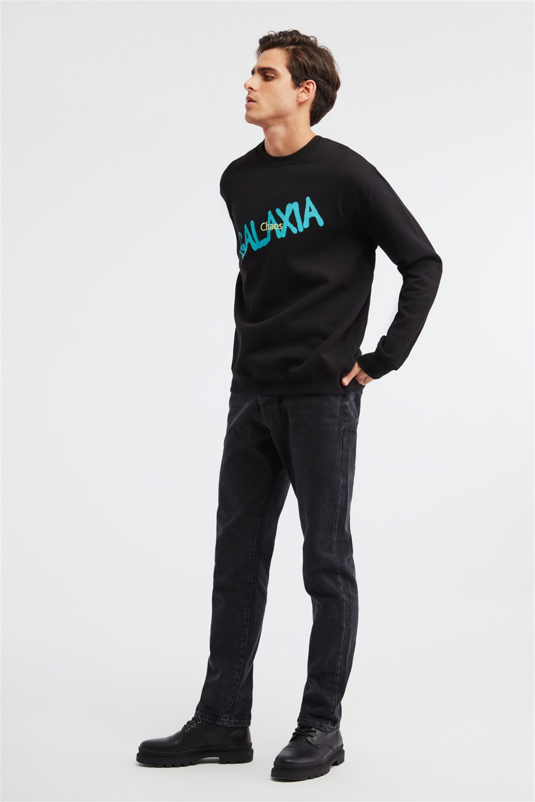 YEET Erkek Siyah Baskılı ve Nakışlı Yuvarlak Yaka Comfort Fit Sweatshirt