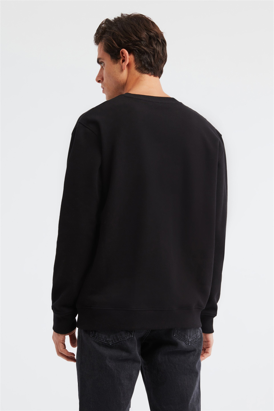 YEET Erkek Siyah Baskılı ve Nakışlı Yuvarlak Yaka Comfort Fit Sweatshirt