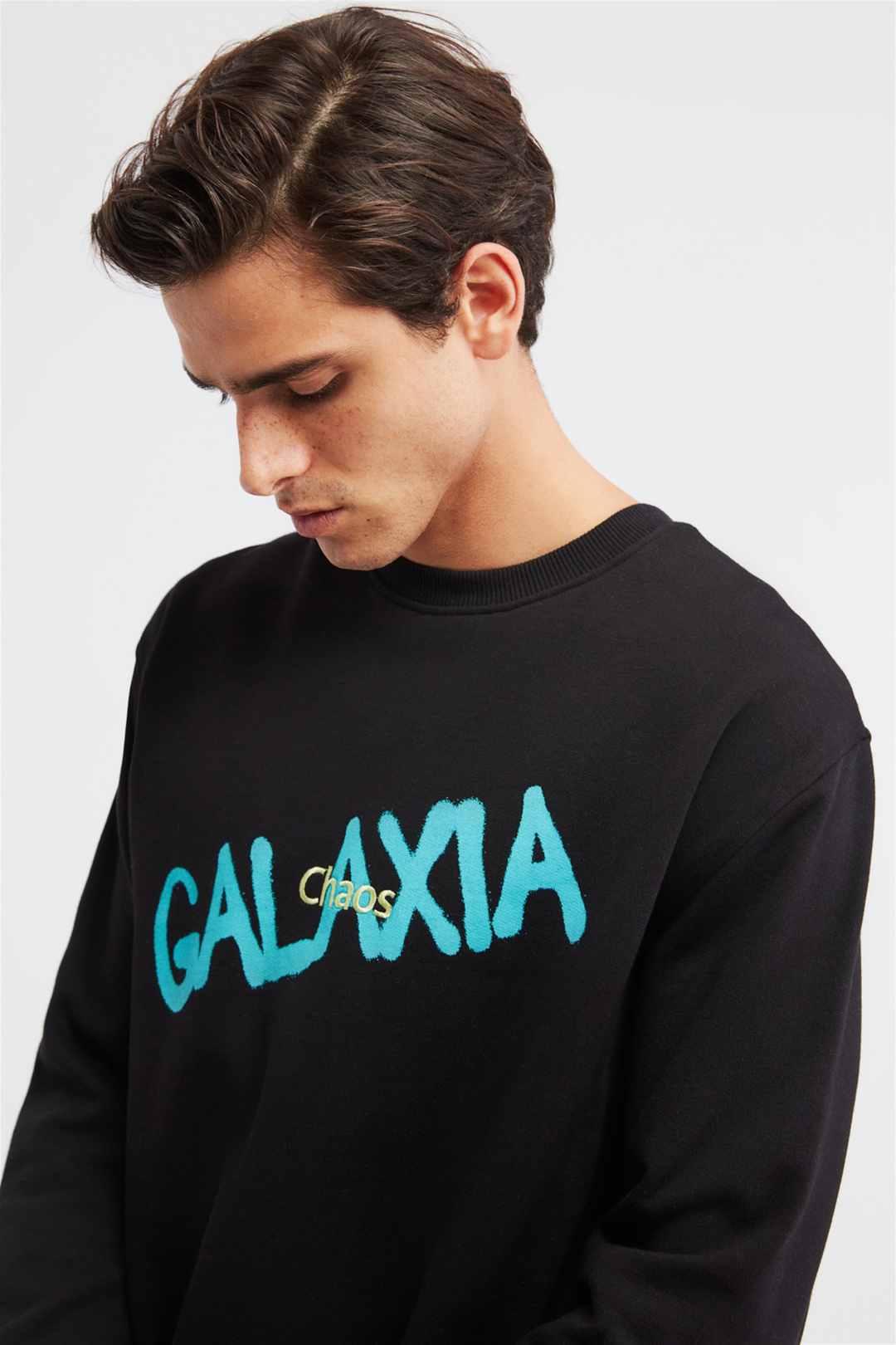YEET Erkek Siyah Baskılı ve Nakışlı Yuvarlak Yaka Comfort Fit Sweatshirt